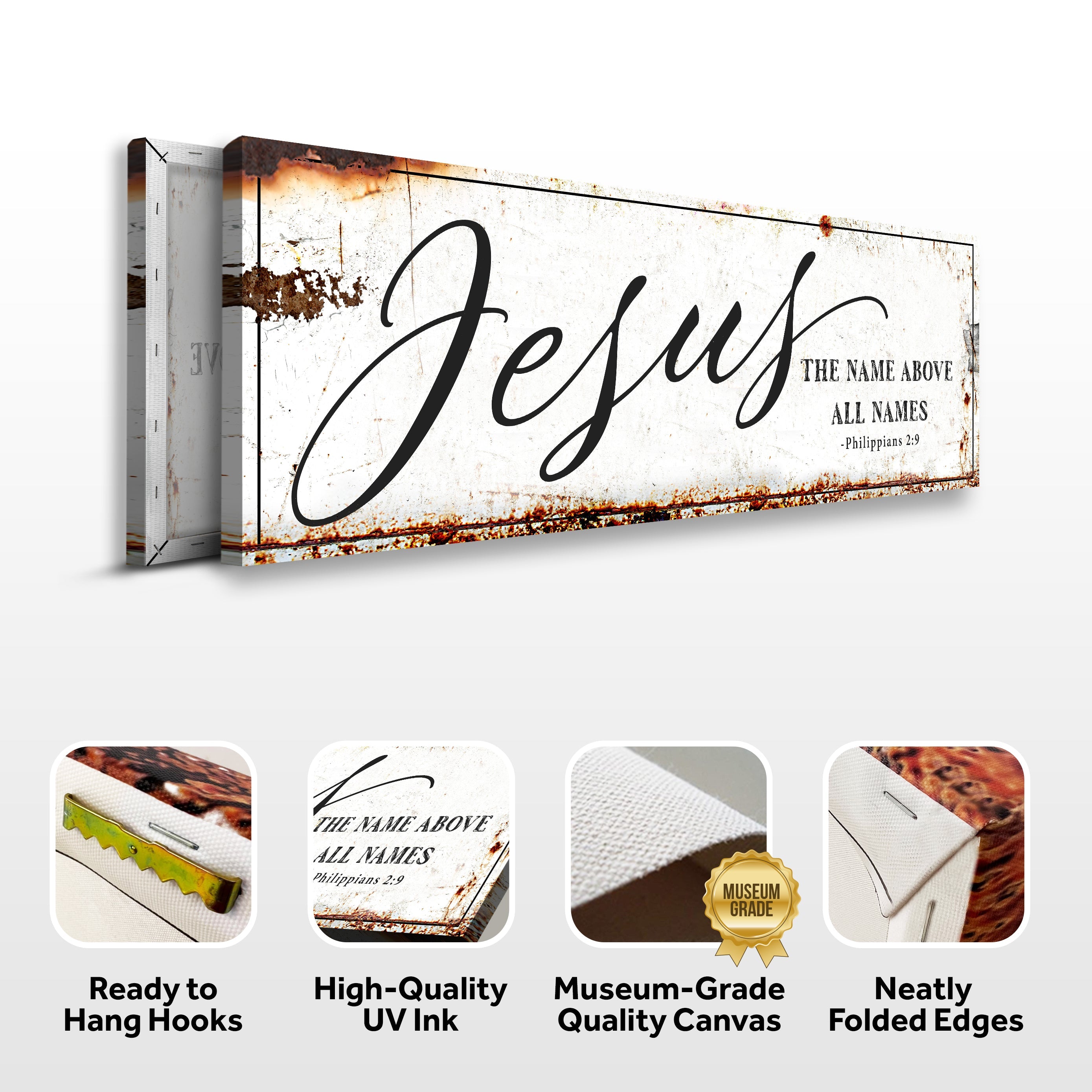 3D framed Jesus wall art with badges for hang hooks, UVInk, and folded edges