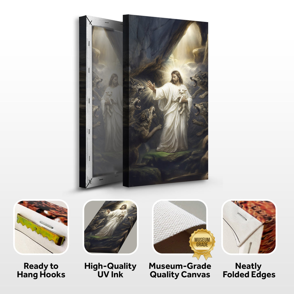 Folded canvas wall art of Jesus holding a lamb, shown with frame-ready edges