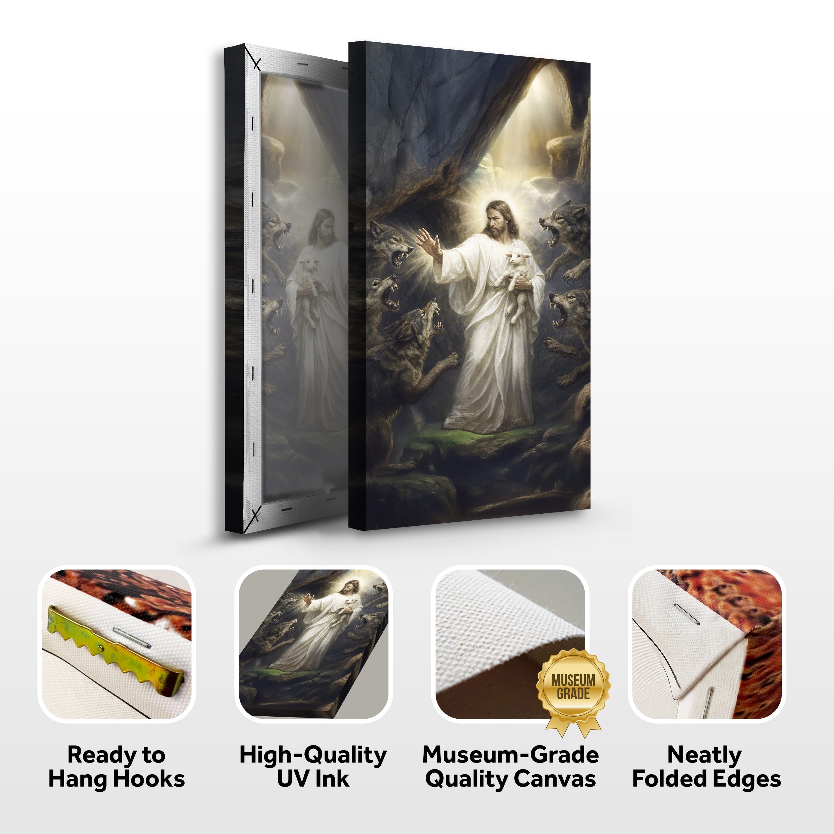 Folded canvas wall art of Jesus holding a lamb, shown with frame-ready edges
