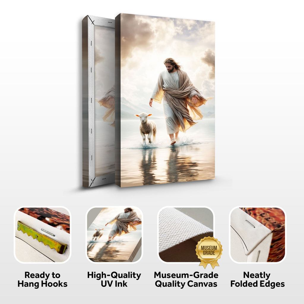 Canvas wall art shown on a packaging mockup with Jesus and a lamb in water