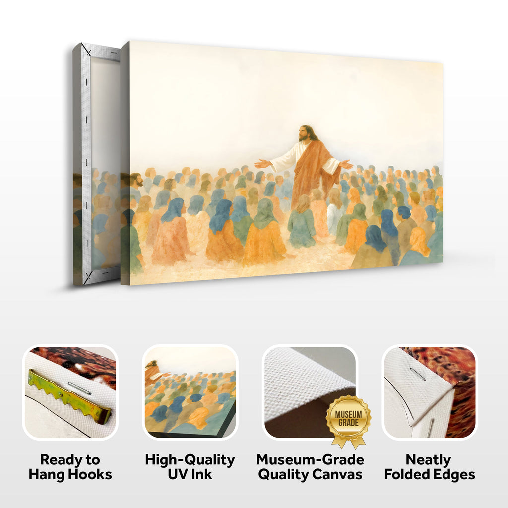 Landscape canvas wall art with Jesus speaking to a crowd, plus ready-to-hang icons