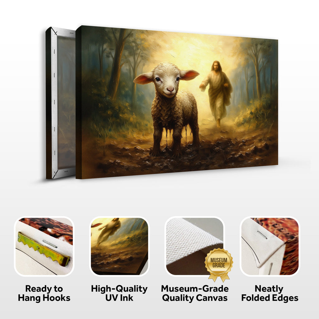 Unframed canvas of a lamb and Jesus, with ready-to-hang hooks and UV ink badges