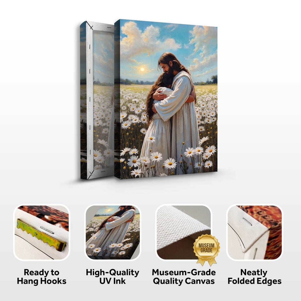 Faith wall art canvas print of Jesus hugging a woman in a daisy field