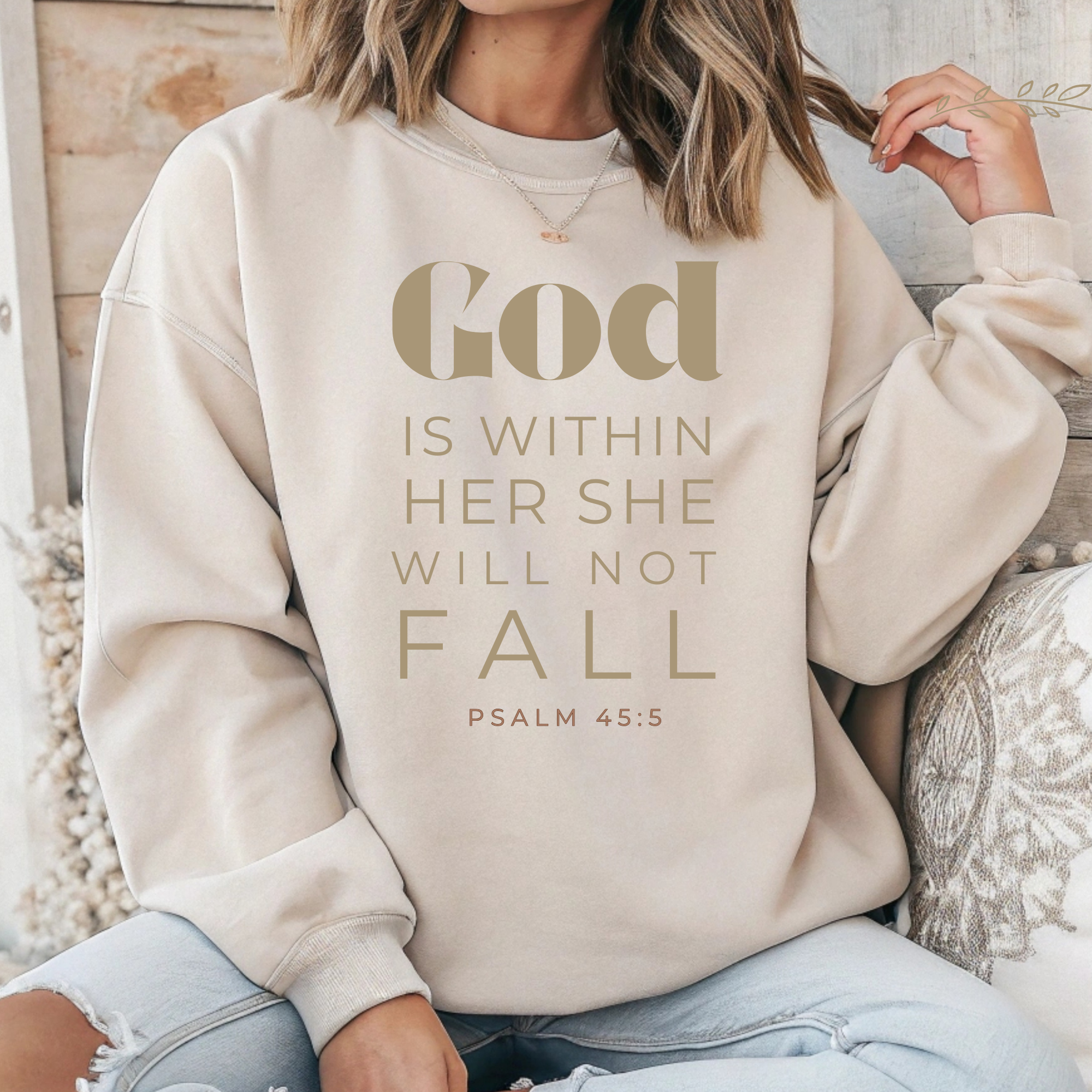 Cream long-sleeve crewneck sweatshirt with scripture text on front