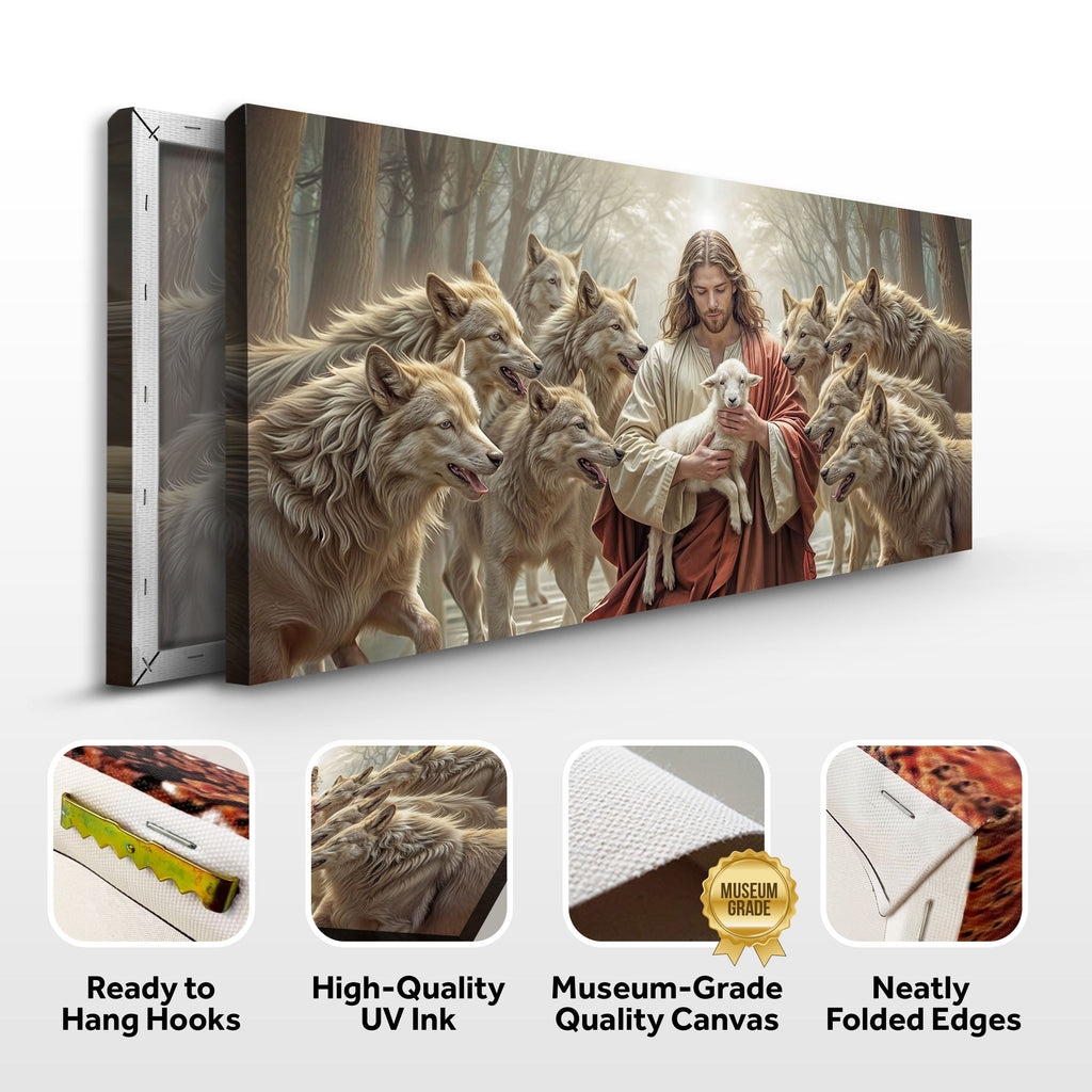 Christian wall art canvas with Jesus holding a white lamb among wolves, ready to hang