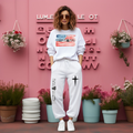 White Christian graphic sweatsuit with long-sleeve sweatshirt and jogger sweatpants, cross detail