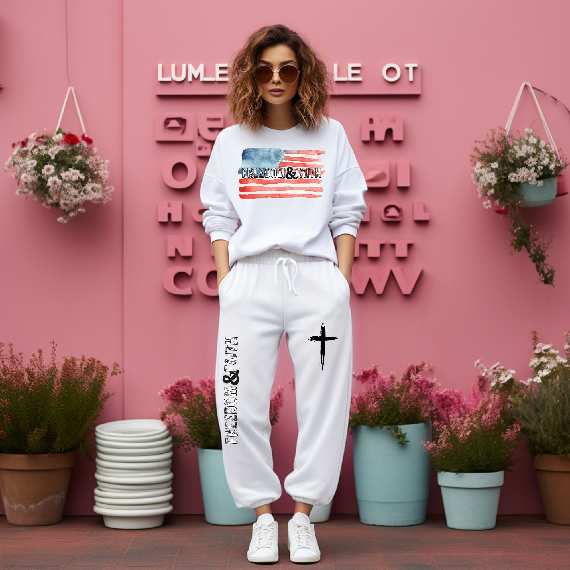White Christian graphic sweatsuit with long-sleeve sweatshirt and jogger sweatpants, cross detail