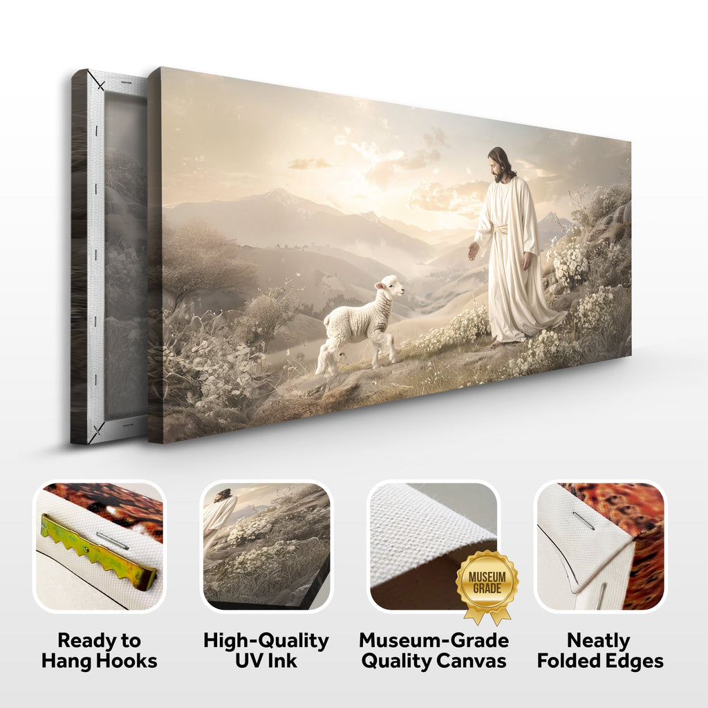 Ready-to-hang canvas wall art featuring Jesus in white robe with a lamb, folded edges