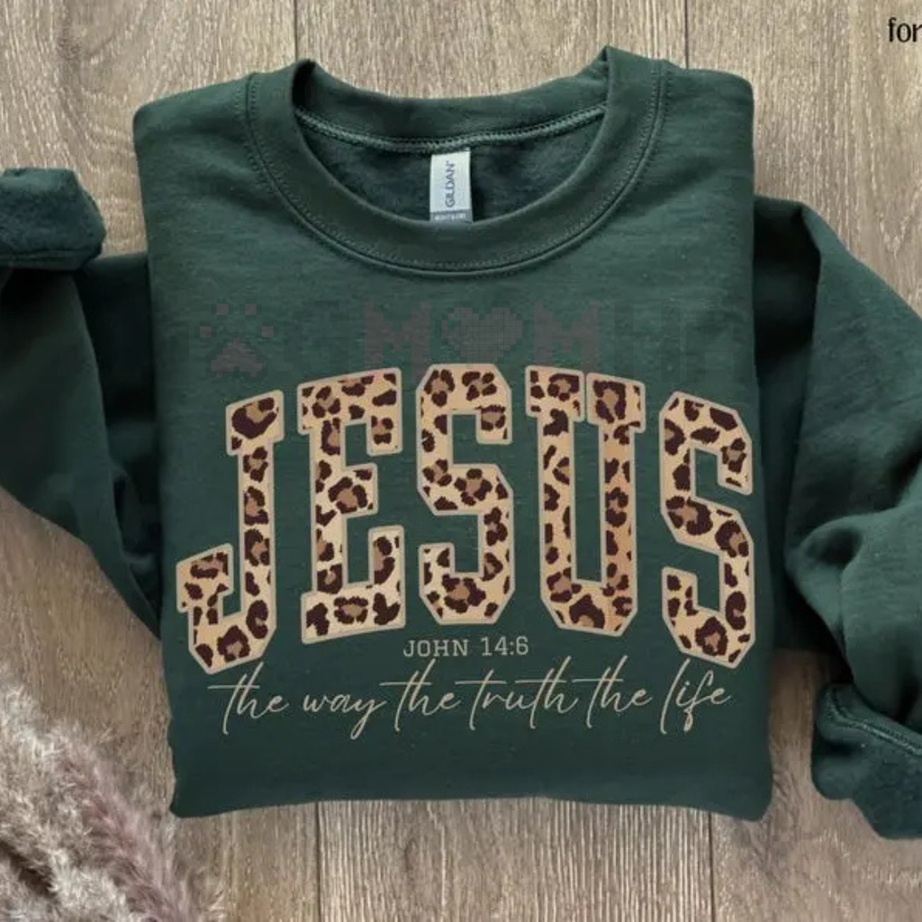 Forest green Christian Jesus sweatshirt with leopard-print JESUS text and John 14:6