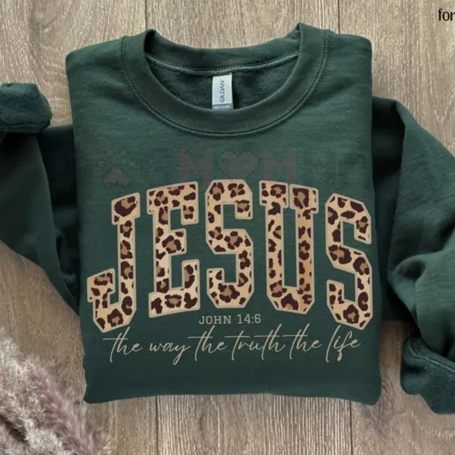 Forest green Christian Jesus sweatshirt with leopard-print JESUS text and John 14:6