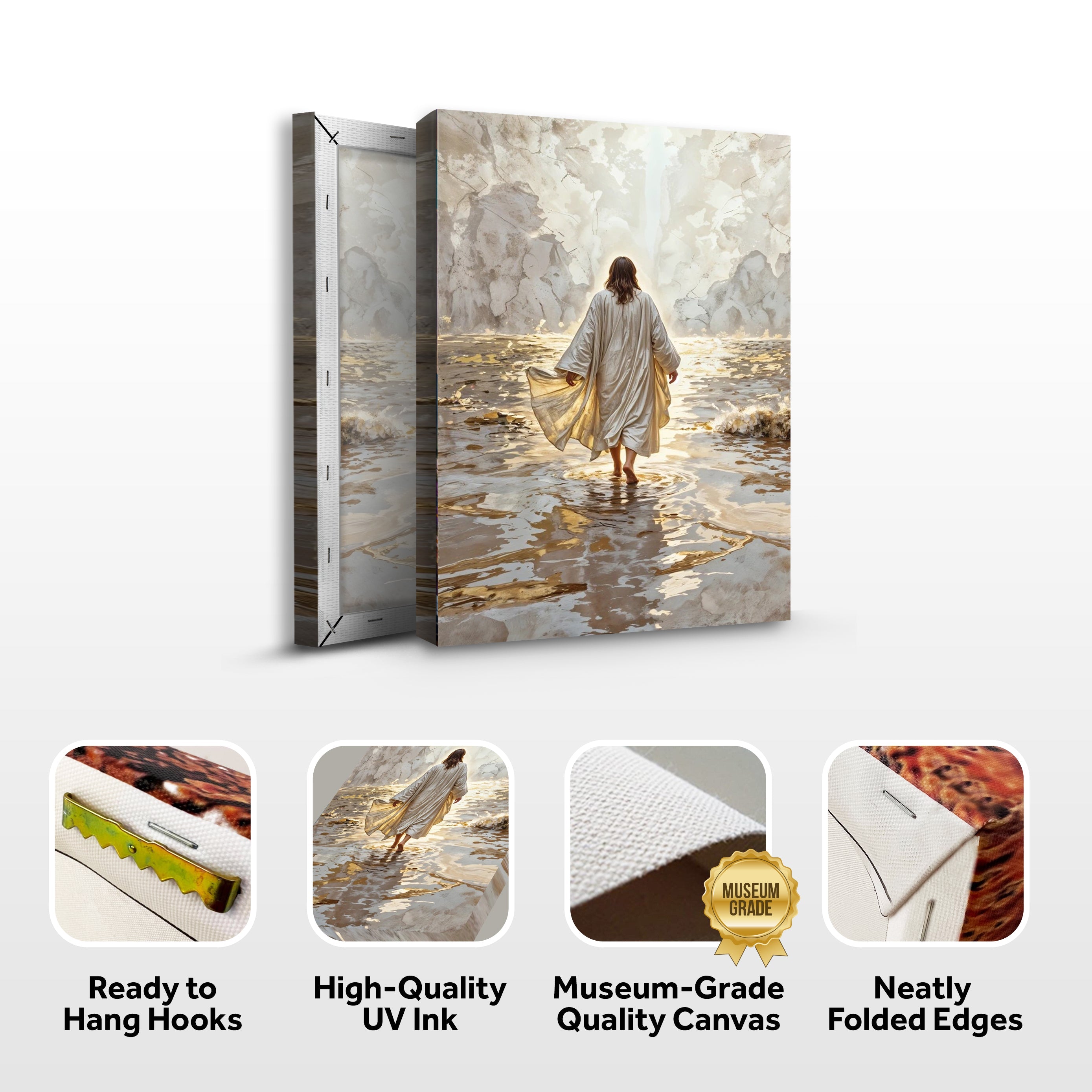 Stretched canvas wall art with Jesus walking on water, includes hanging hooks