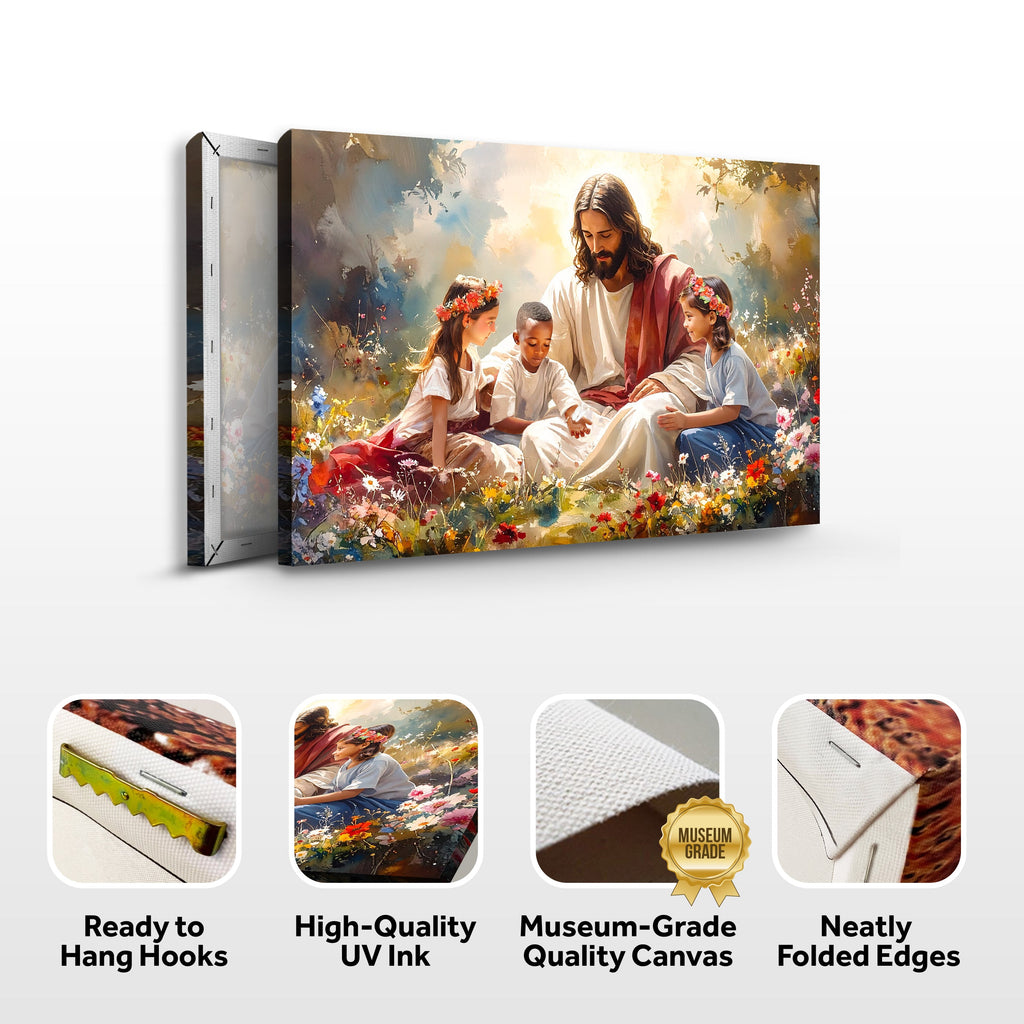 Wall canvas set with Jesus and three children in a floral meadow