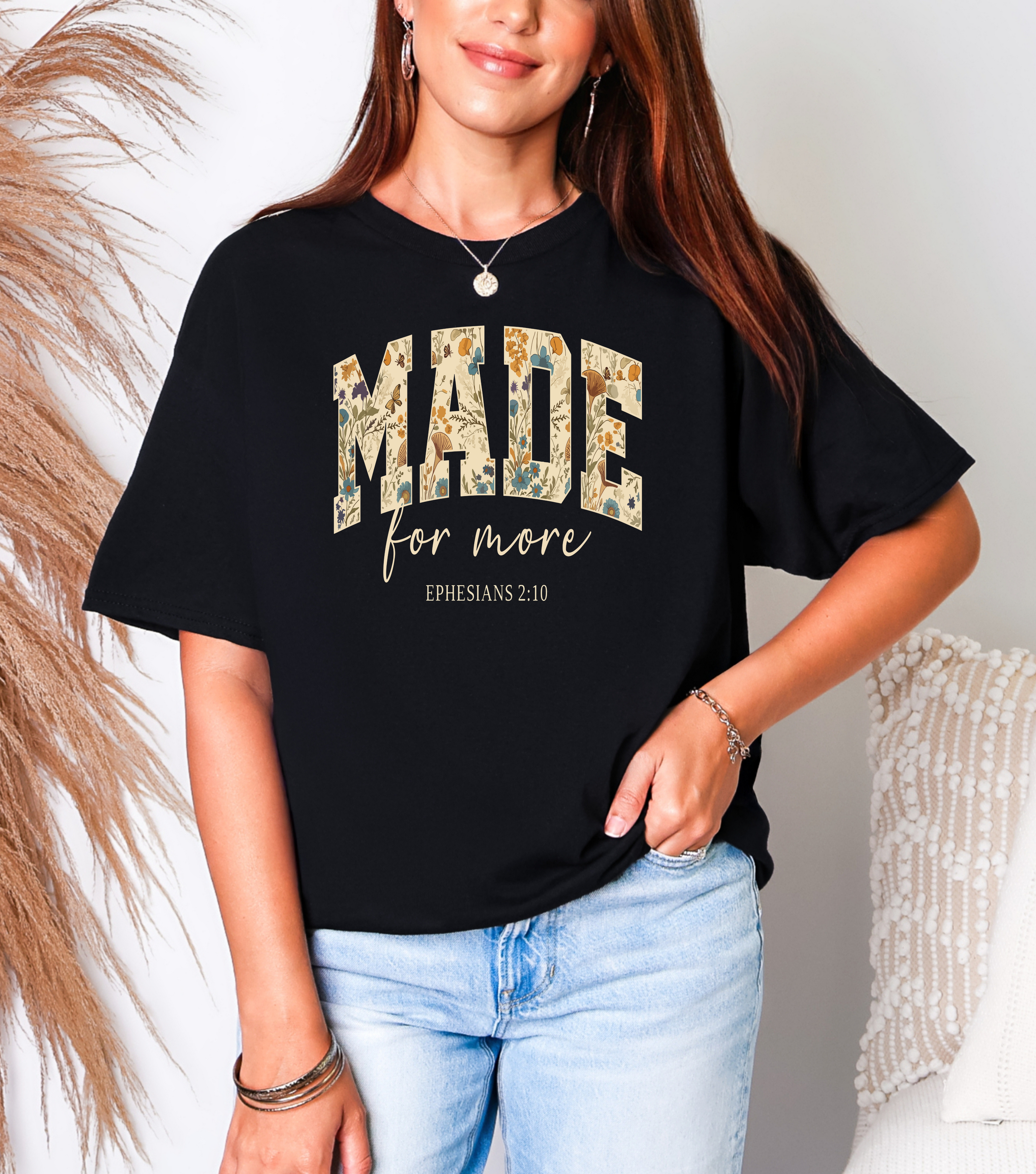 Black T-shirt with 'MADE for more' front graphic, 'EPHESIANS 2:10'