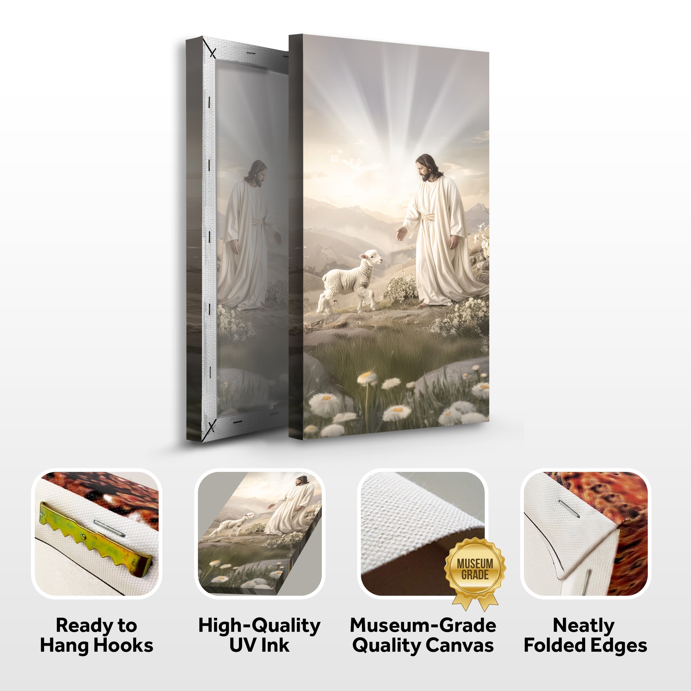 Faith wall art canvas mockup with ready-to-hang hooks, UV ink, and folded-edge details