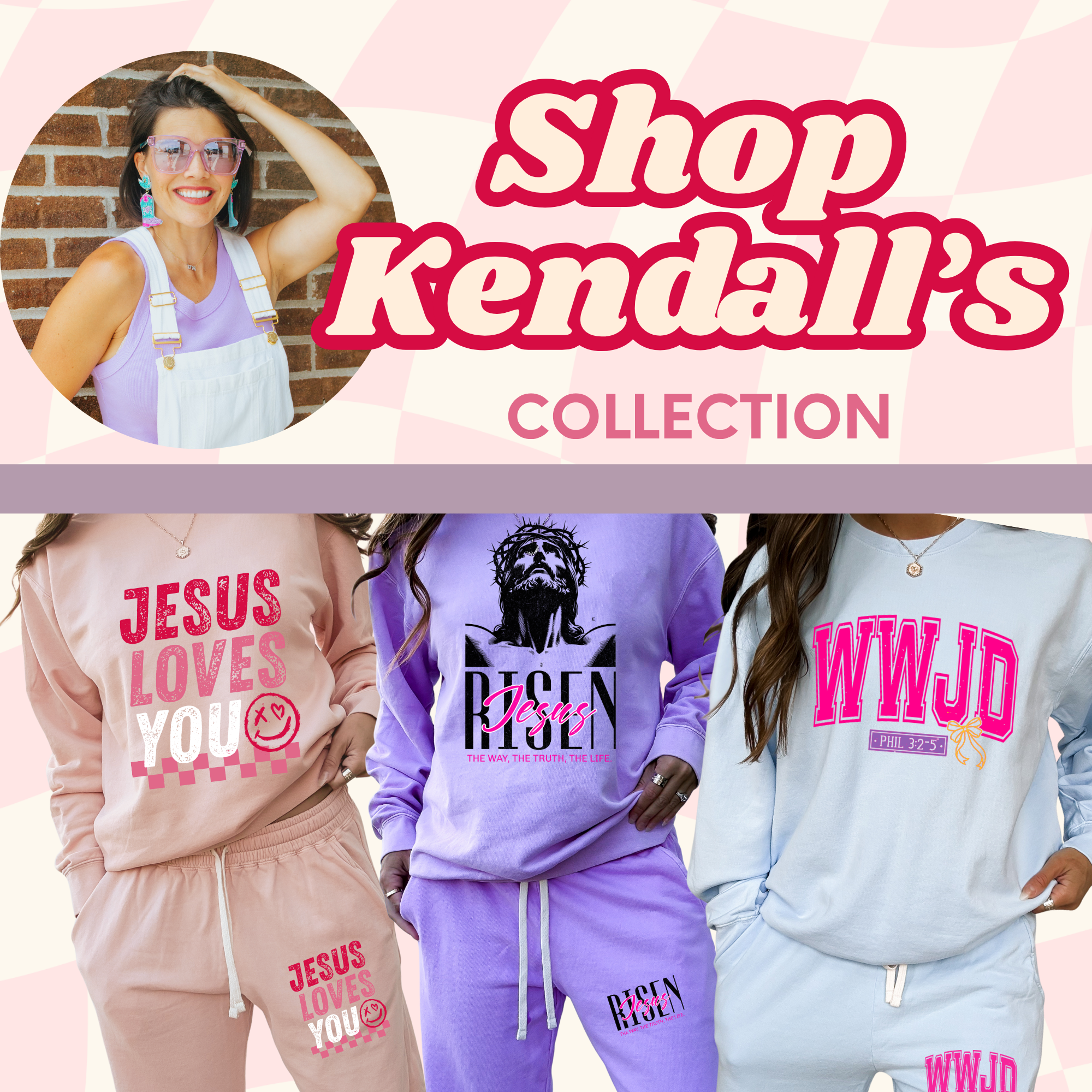 Christian t-shirt group with Jesus graphic text and Kendall's Collection banner