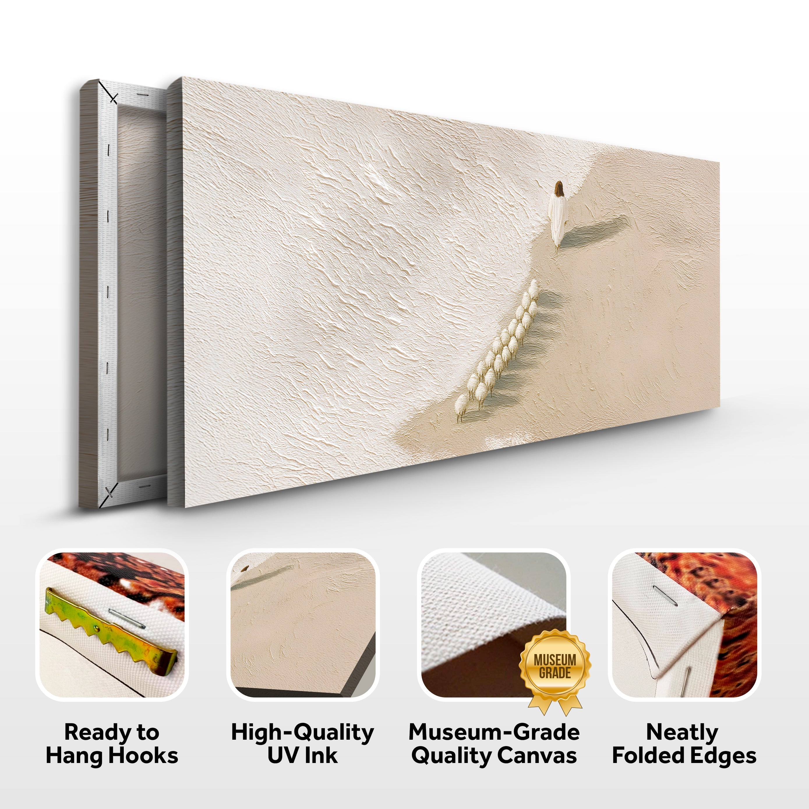 Canvas wall art mockup with side thickness and rounded edges, beige figure and sheep
