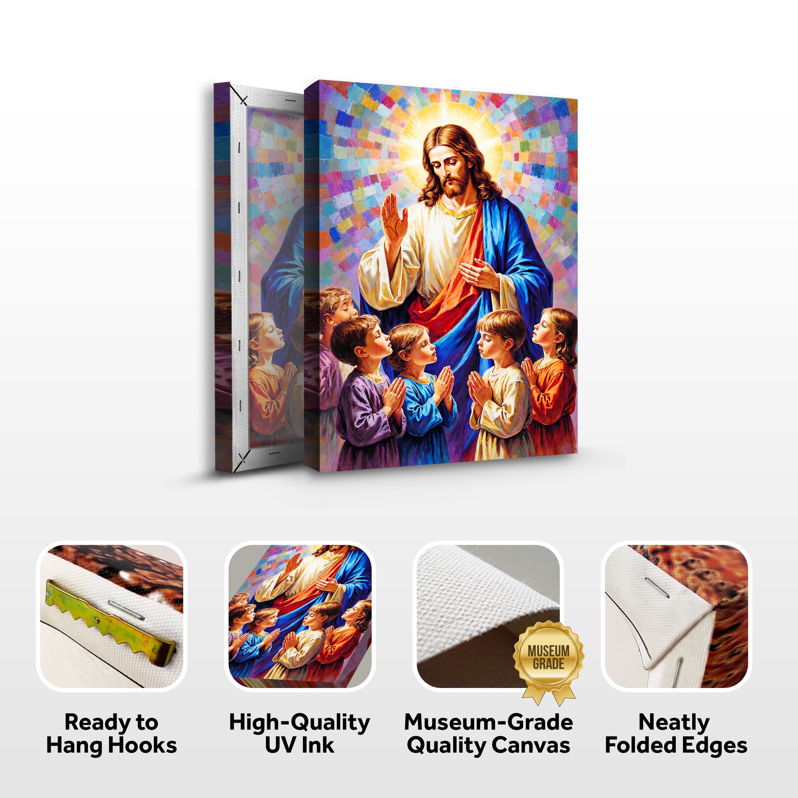 Rolled canvas wall art with Jesus praying image, ready to hang hooks and folded edges
