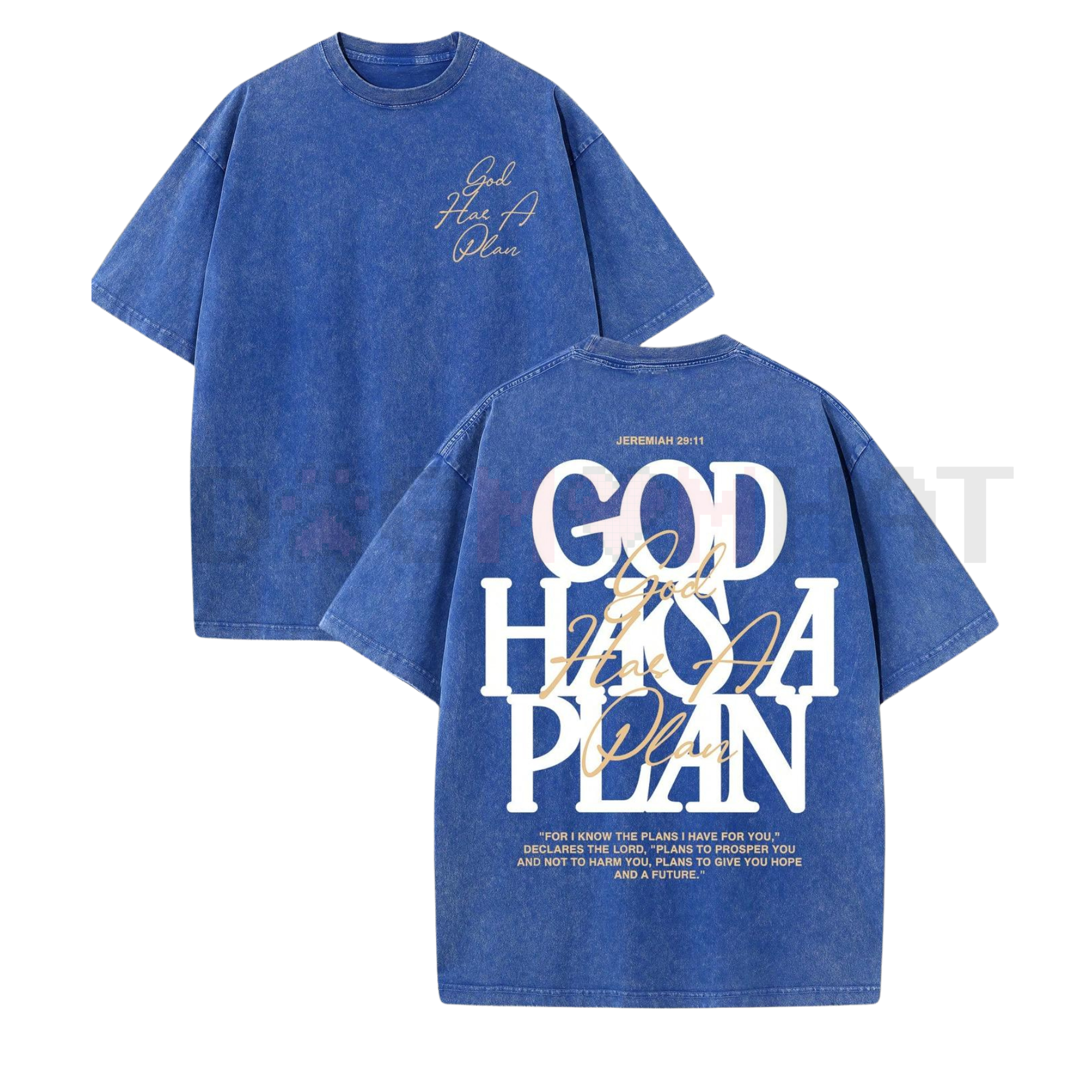 Blue washed crew-neck tee with 'God Has A Plan' front and back graphic, short sleeve