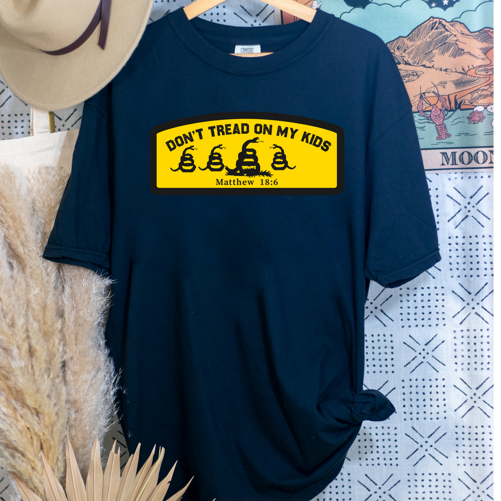 Kids T-shirt with dark crew and yellow Don't Tread graphic, Matthew 18:6