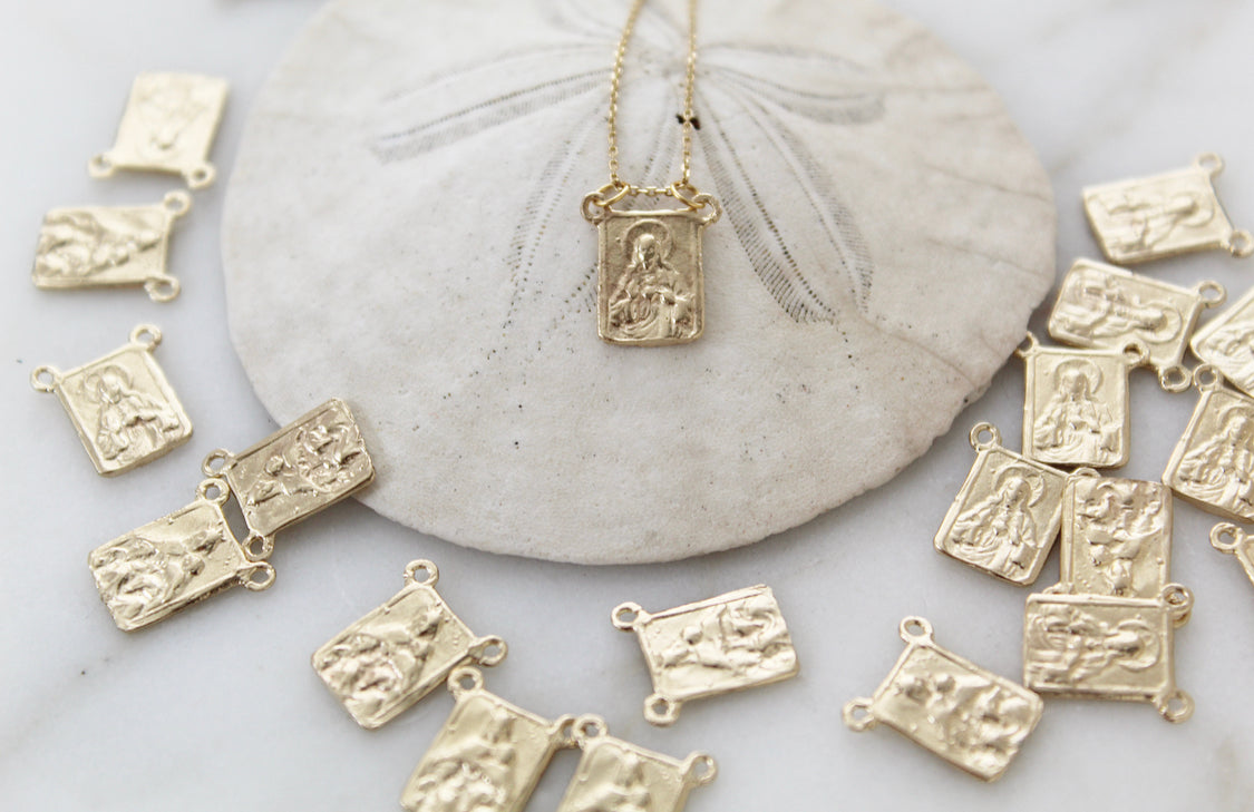 Scapular necklace pendant with gold chain and rectangular charms