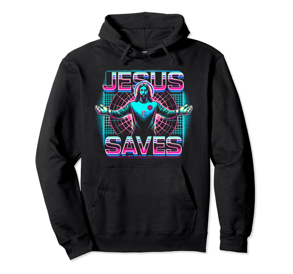 Black hoodie with neon Jesus Saves goalie graphic