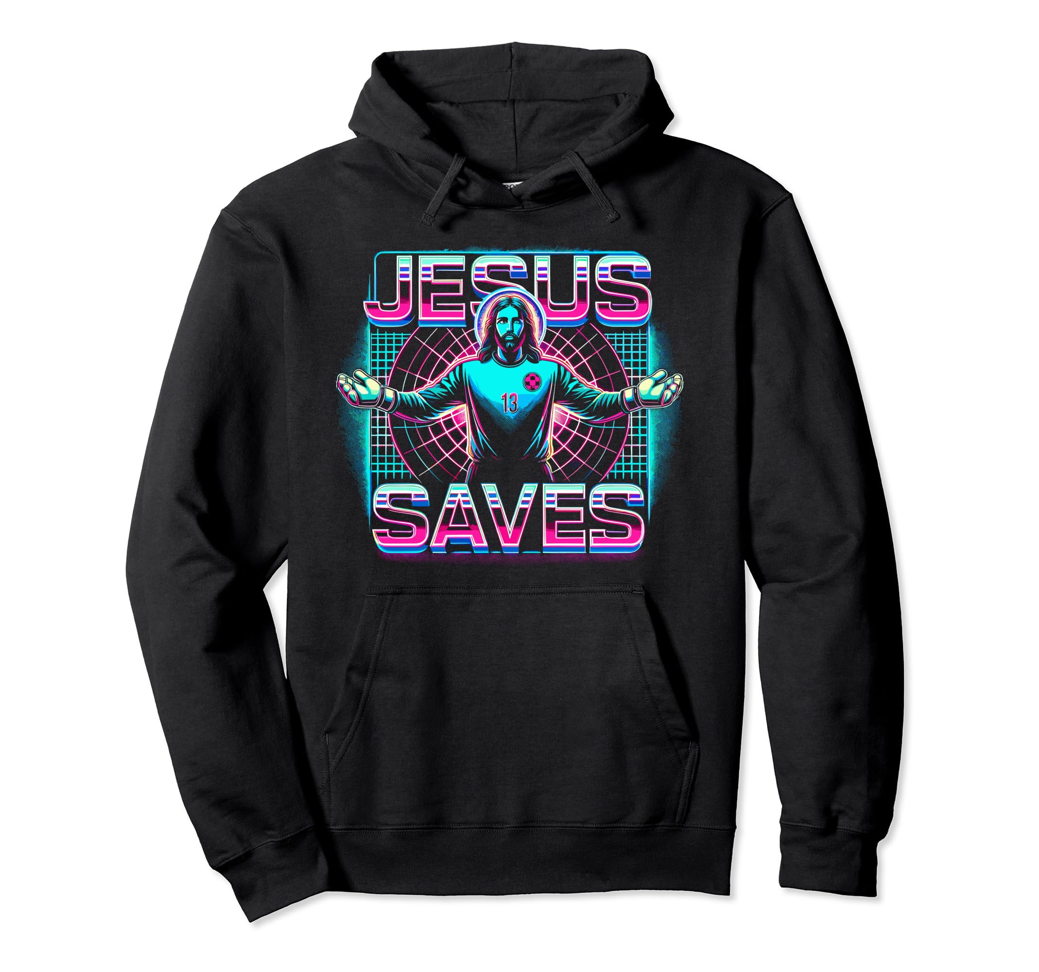 Black hoodie with neon Jesus Saves goalie graphic