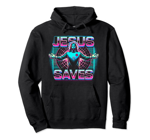 Black hoodie with neon Jesus Saves goalie graphic