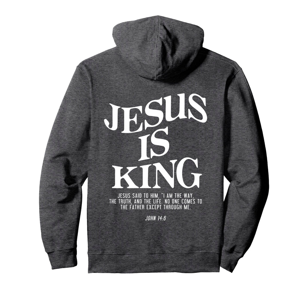 Charcoal graphic hoodie with large Jesus Is King text print on front
