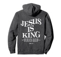 Charcoal graphic hoodie with large Jesus Is King text print on front