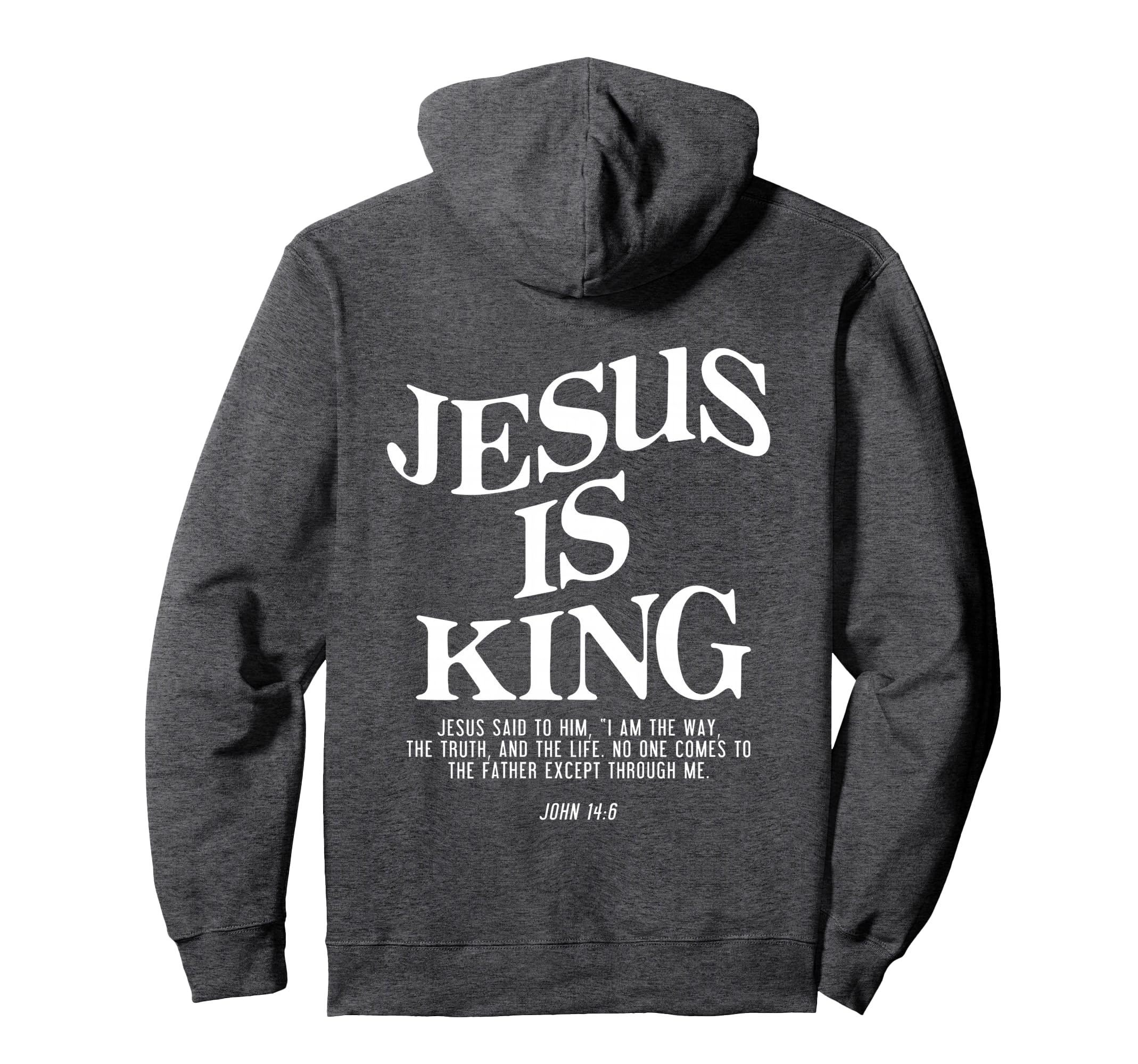 Charcoal graphic hoodie with large Jesus Is King text print on front