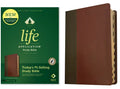 Leatherlike study Bible with brown cover and green front panel.