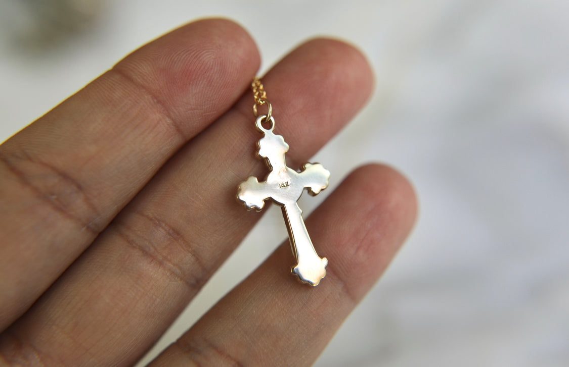 14k gold crucifix pendant on short chain, small loop at top