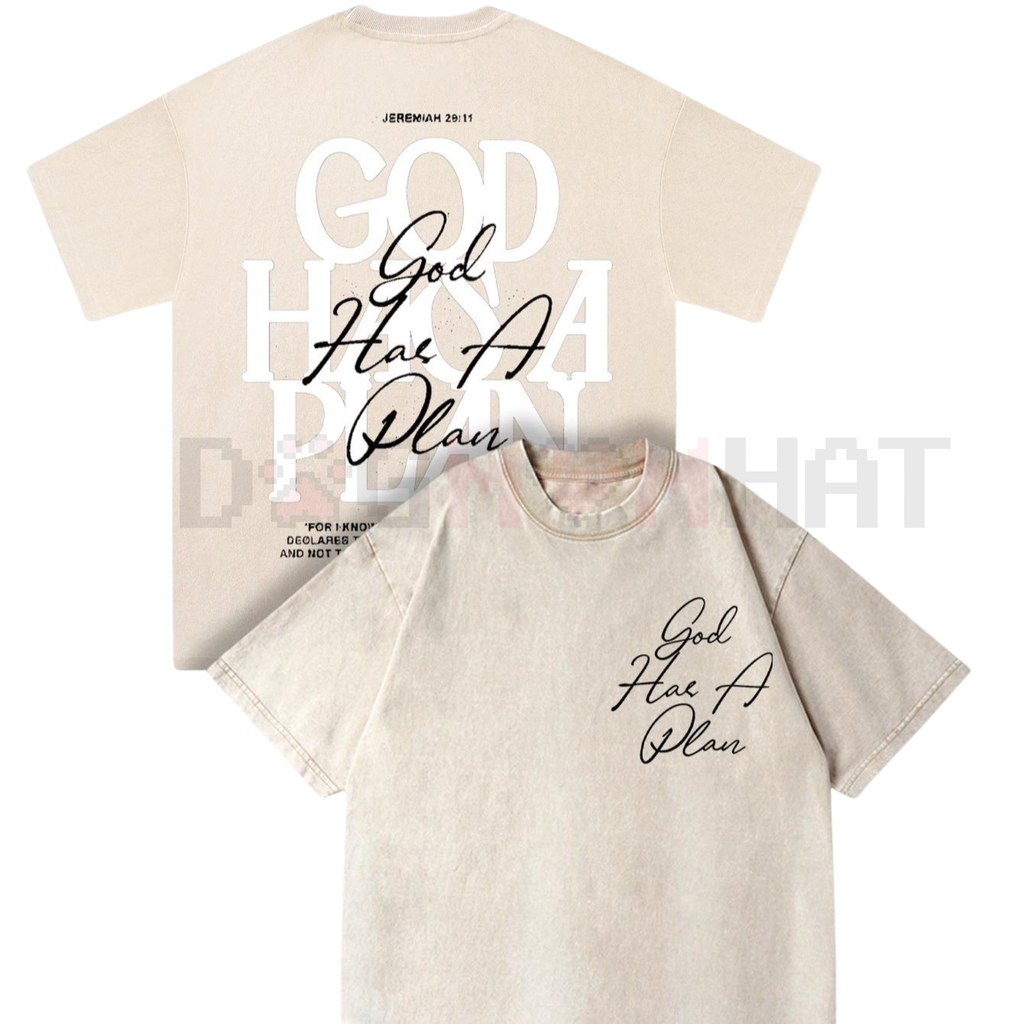 Light beige washed crew-neck tee with 'God Has A Plan' front and back graphic, short sleeve
