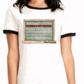 White ringer T-shirt with black trim sleeves and political slogan front graphic