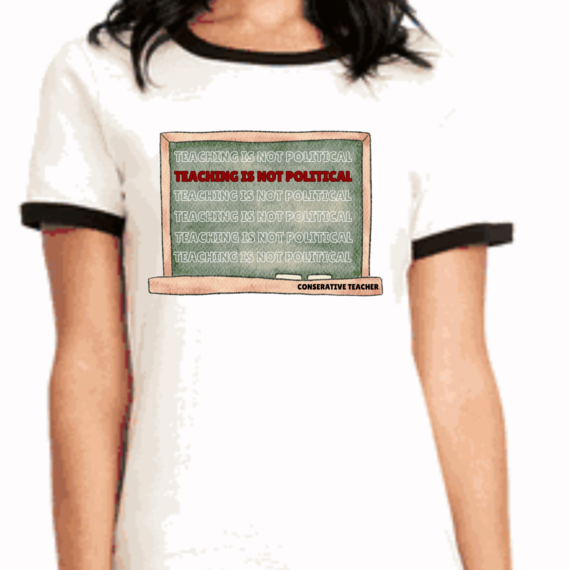 White ringer T-shirt with black trim sleeves and political slogan front graphic