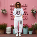 White sweatsuit set with lion graphic sweatshirt and matching jogger sweatpants