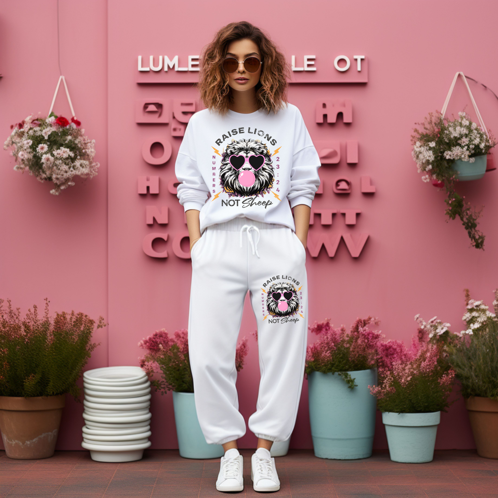 White sweatsuit set with lion graphic sweatshirt and matching jogger sweatpants