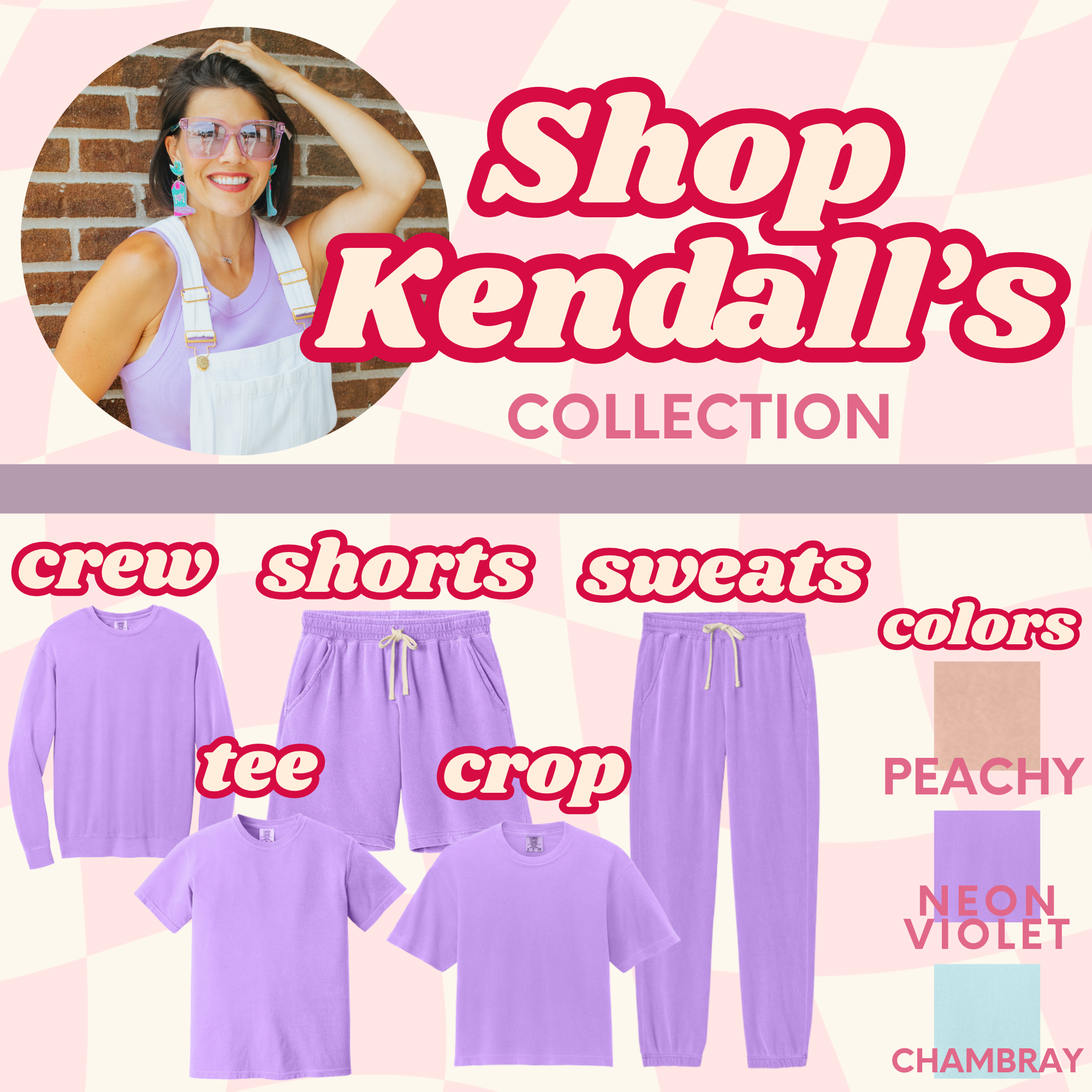 Purple crewneck sweatshirt, tee, and sweatpants set with drawstring waistband