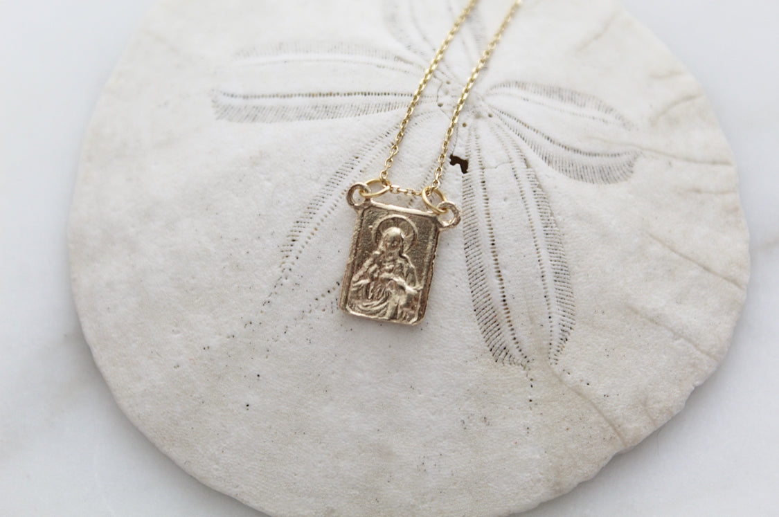 Scapular necklace centerpiece charm on gold chain