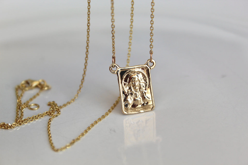 14K gold scapular pendant necklace with square saint portrait charm and layered chains