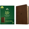 NLT large print life application study bible, brown leatherlike cover with leaf emblem