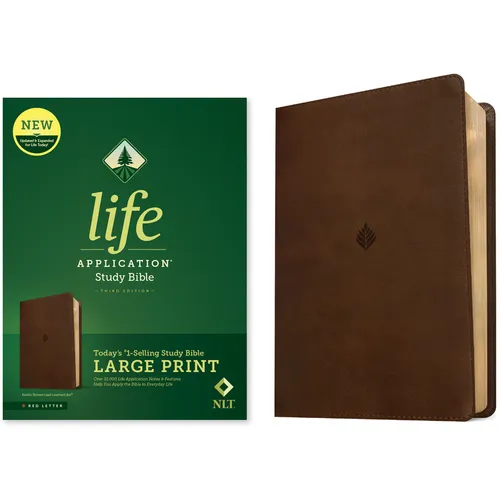 NLT large print life application study bible, brown leatherlike cover with leaf emblem