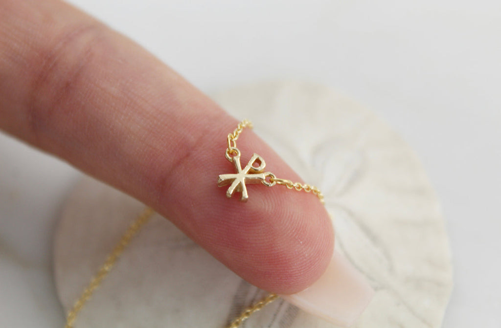 14K gold Chi Rho pendant charm on a delicate chain, close-up