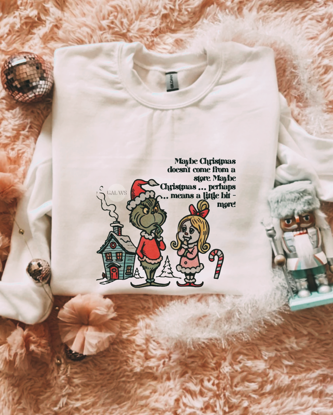Ivory vintage T-shirt with cartoon Christmas characters and slogan graphic