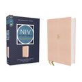 Hardcover study Bible with pink cloth over board cover and gold ribbon marker