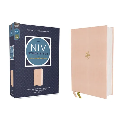 Hardcover study Bible with pink cloth over board cover and gold ribbon marker