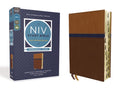 NIV Study Bible with brown leather-look cover, blue band, thumb-indexed pages