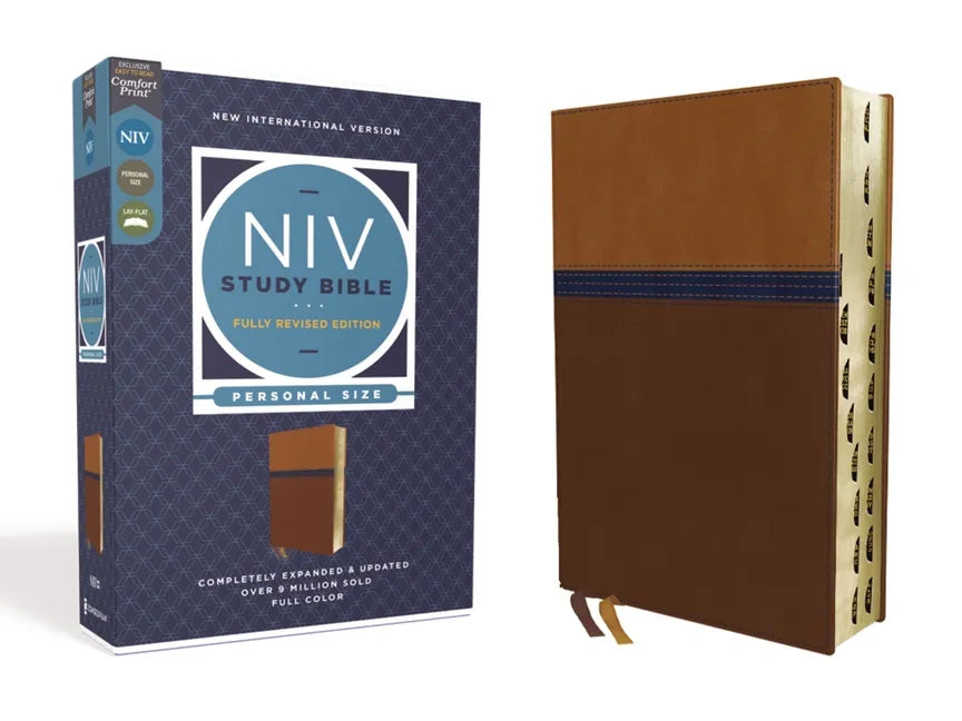 NIV Study Bible with brown leather-look cover, blue band, thumb-indexed pages