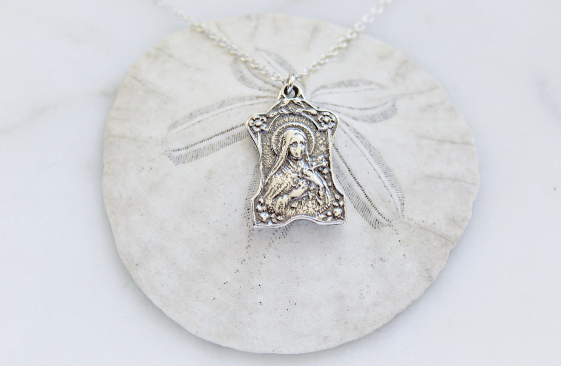 St. Therese of Lisieux 925 sterling silver necklace, saint pendant view from above