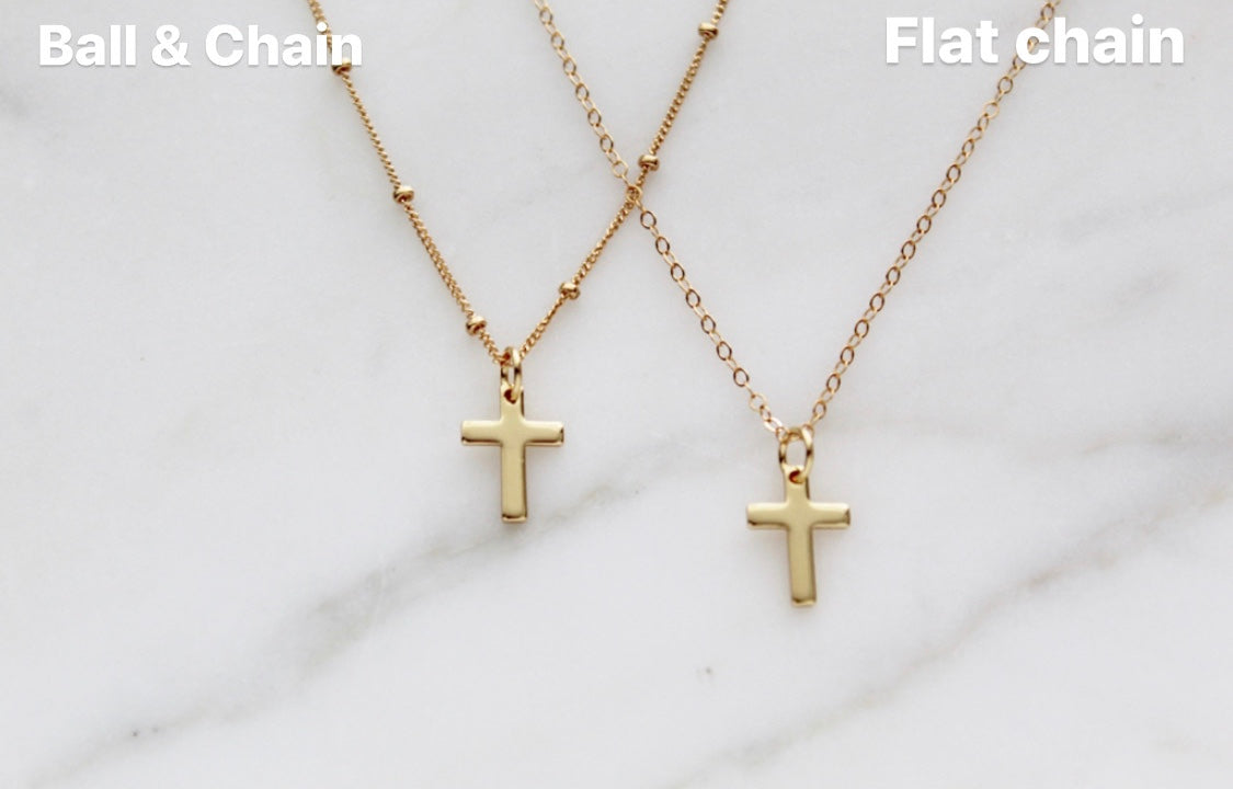 Gold cross pendant necklaces on ball and flat link chains, small cross charms
